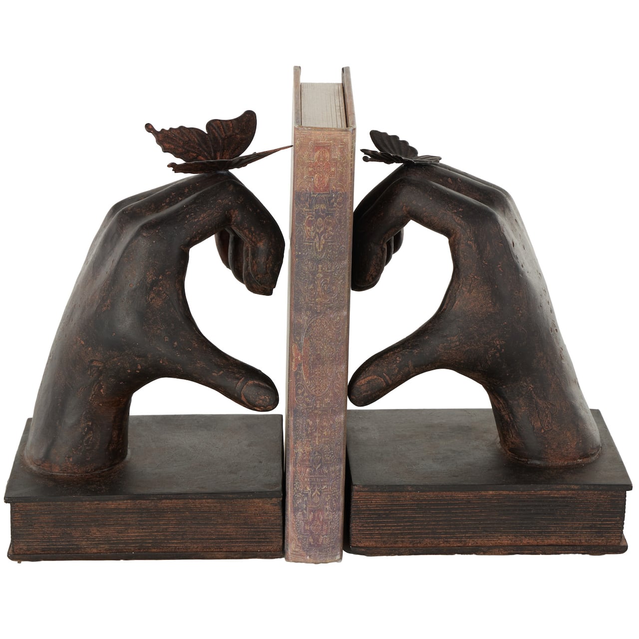 7.5" Dark Brown Hands Heart Inspired Decorative Bookend Set with Butterfly & Copper Accents